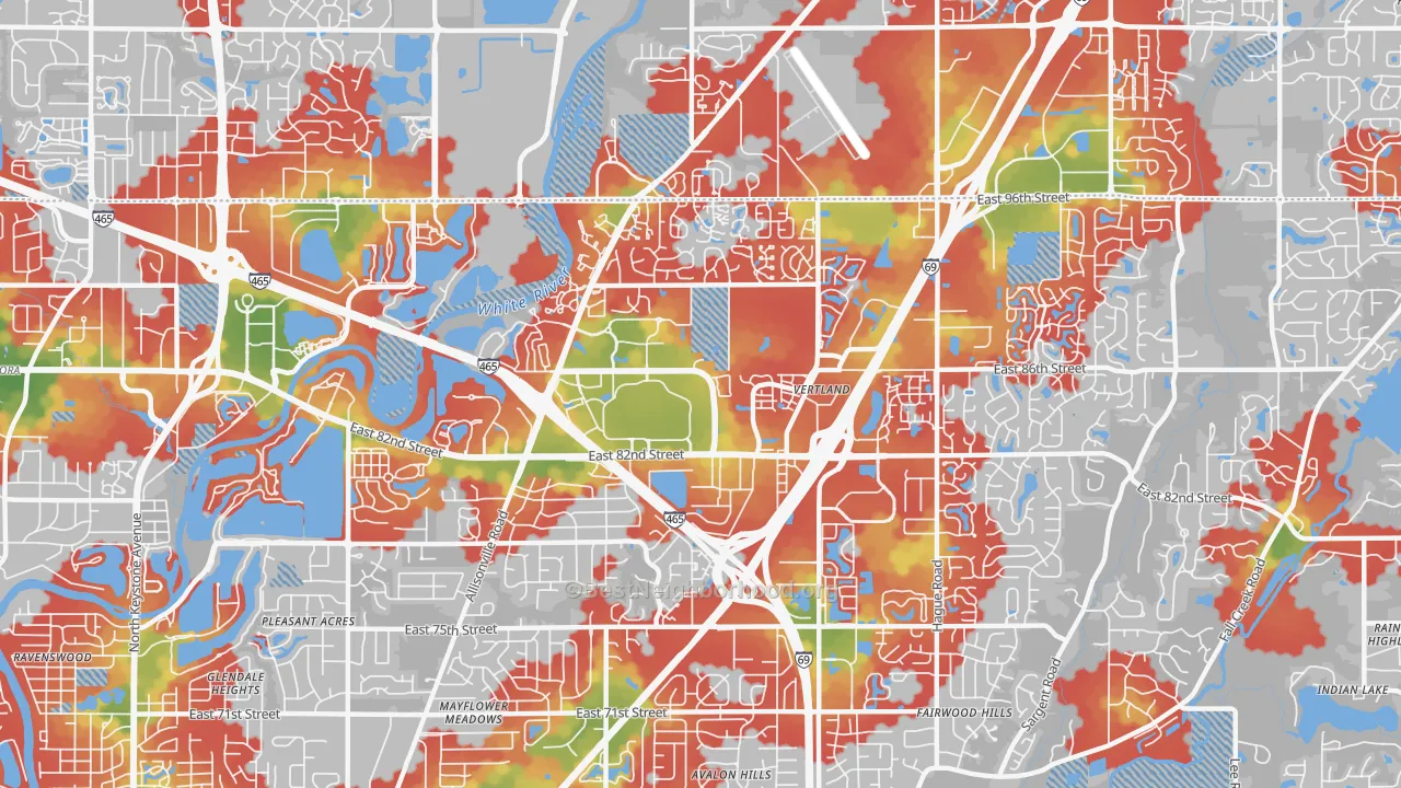 Walk Grade map of Hearth Stone, Indianapolis, IN, walkable areas in green and car-dependent areas in red
