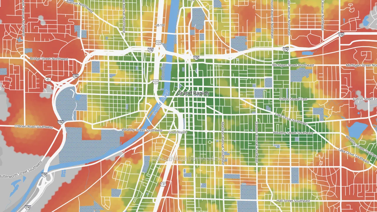 Walk Grade map of Heartside-Downtown, Grand Rapids, MI, walkable areas in green and car-dependent areas in red