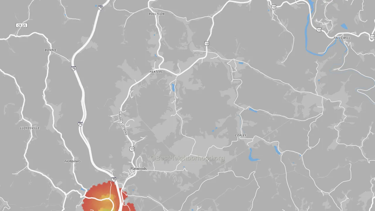 Walk Grade map of Heaters, WV, walkable areas in green and car-dependent areas in red