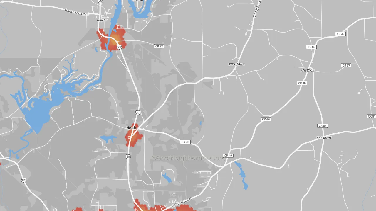 Walk Grade map of Heath, AL, walkable areas in green and car-dependent areas in red