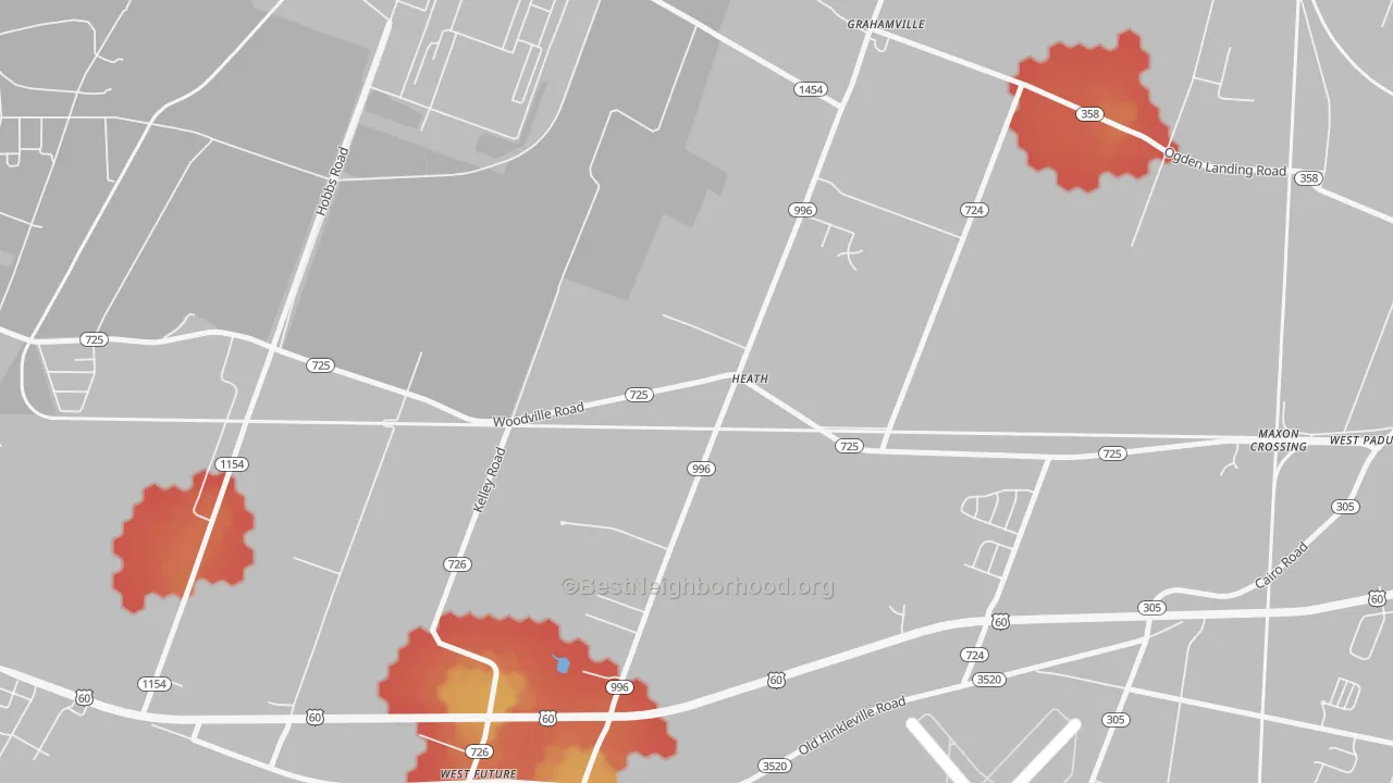 Walk Grade map of Heath, KY, walkable areas in green and car-dependent areas in red