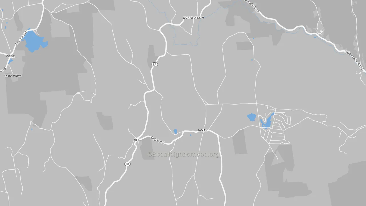 Walk Grade map of Heath, MA, walkable areas in green and car-dependent areas in red