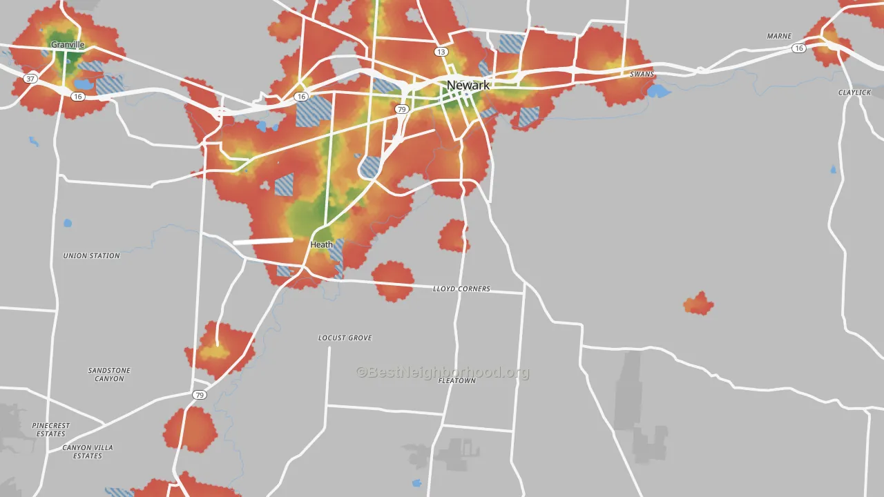 Walk Grade map of Heath, OH, walkable areas in green and car-dependent areas in red