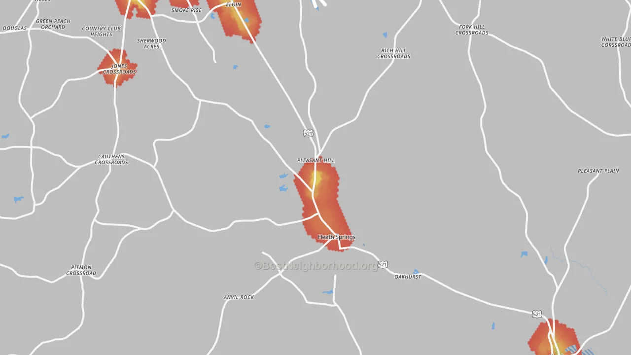 Walk Grade map of Heath Springs, SC, walkable areas in green and car-dependent areas in red