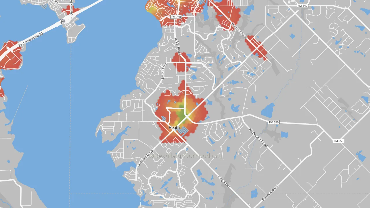 Walk Grade map of Heath, TX, walkable areas in green and car-dependent areas in red
