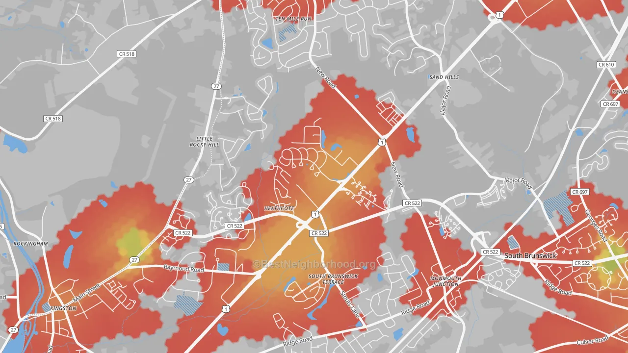 Walk Grade map of Heathcote, NJ, walkable areas in green and car-dependent areas in red