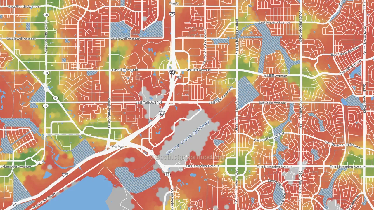 Walk Grade map of Heather Gardens, Aurora, CO, walkable areas in green and car-dependent areas in red