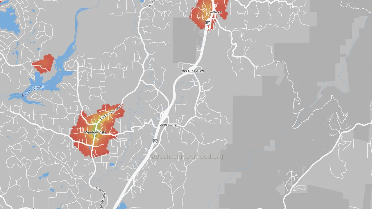 Walk Grade map of Heather Glen, CA, walkable areas in green and car-dependent areas in red