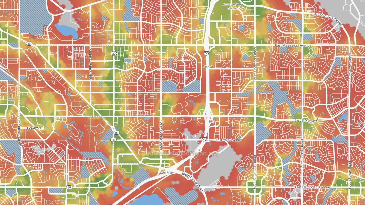 Walk Grade map of Heather Ridge, Aurora, CO, walkable areas in green and car-dependent areas in red