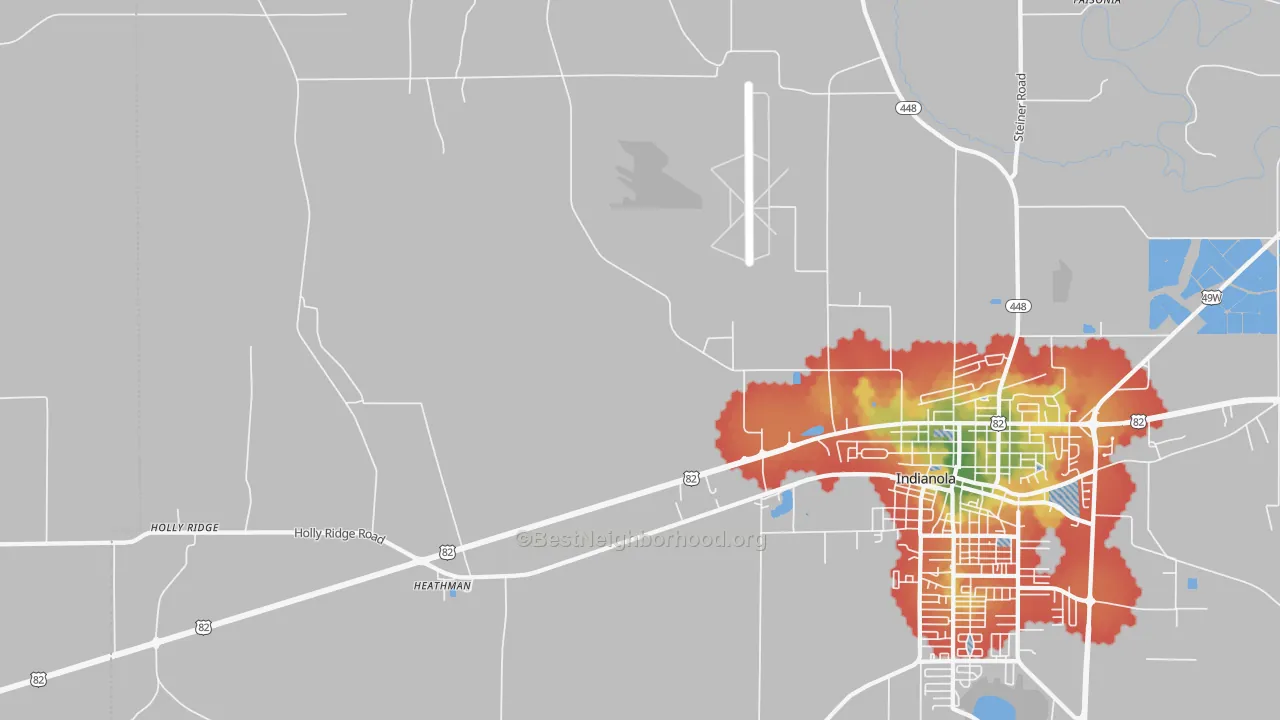 Walk Grade map of Heathman, MS, walkable areas in green and car-dependent areas in red