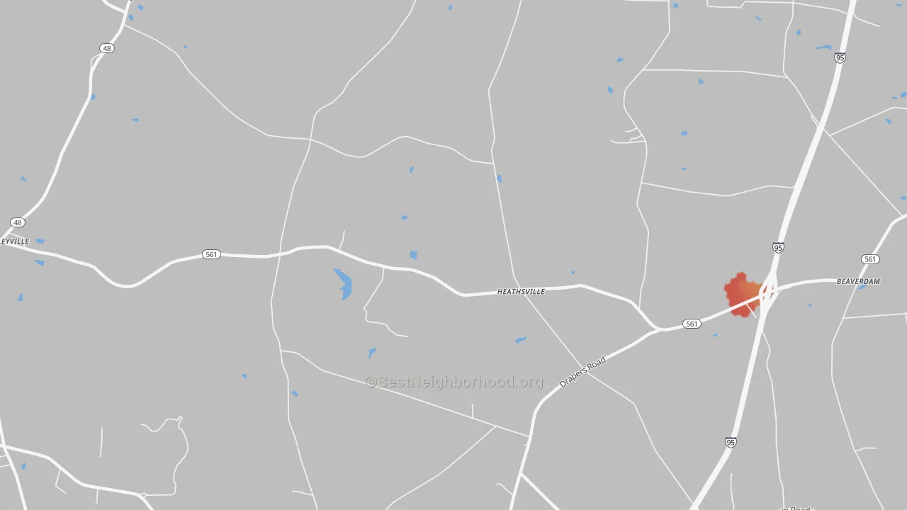 Walk Grade map of Heathsville, NC, walkable areas in green and car-dependent areas in red