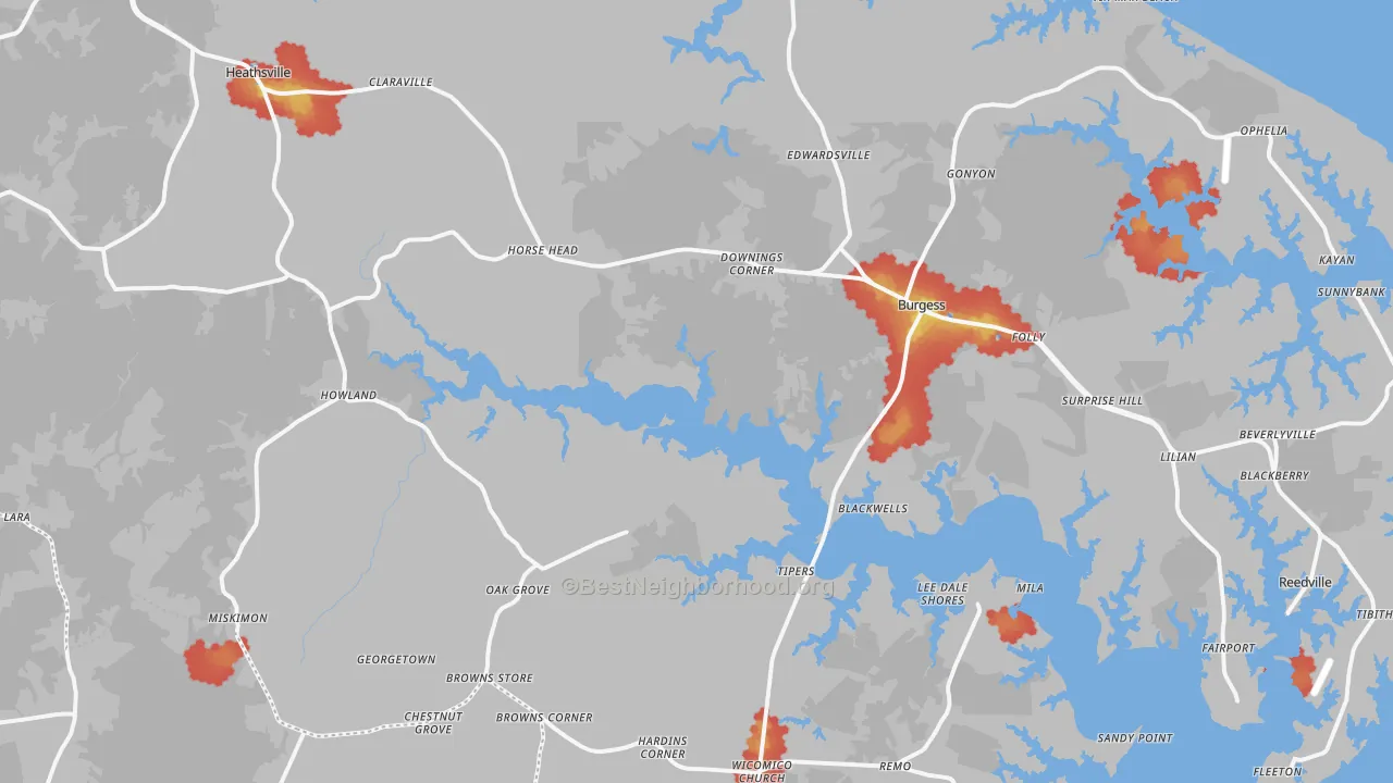 Walk Grade map of Heathsville, VA, walkable areas in green and car-dependent areas in red