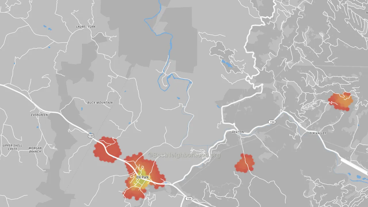 Walk Grade map of Heaton, NC, walkable areas in green and car-dependent areas in red