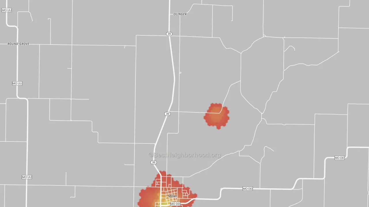 Walk Grade map of Heatonville, MO, walkable areas in green and car-dependent areas in red