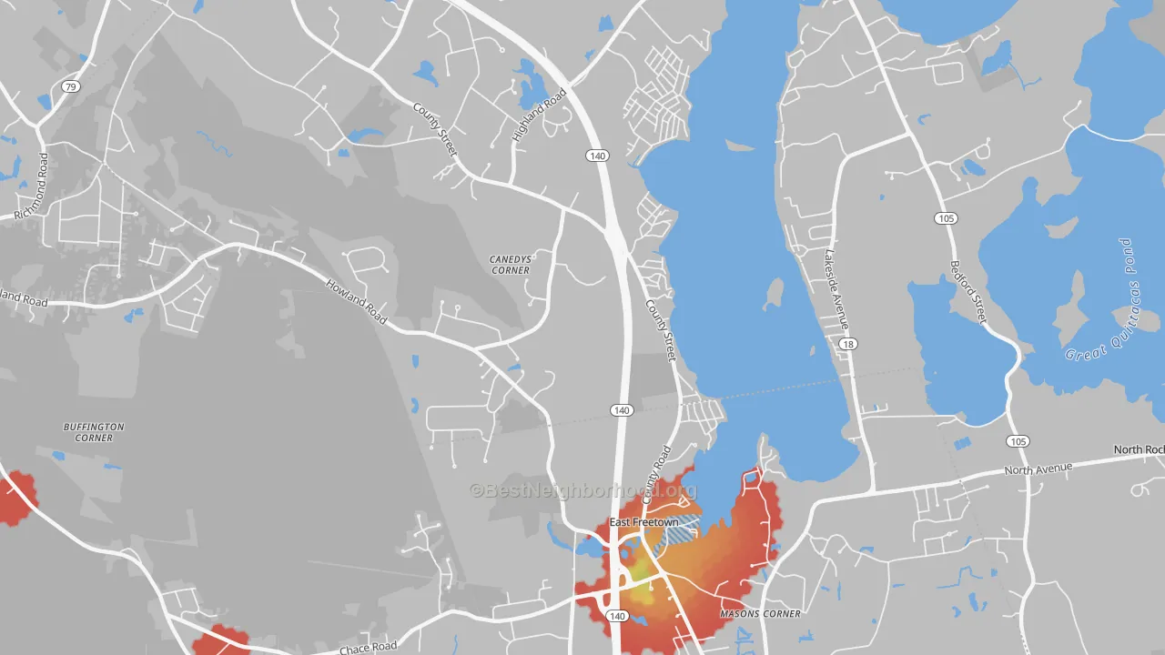 Walk Grade map of Heaven Heights, MA, walkable areas in green and car-dependent areas in red