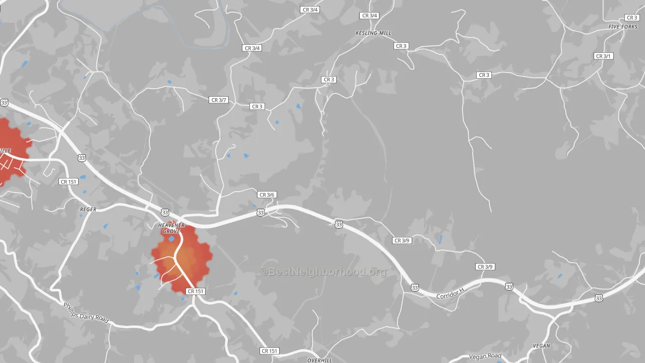 Walk Grade map of Heavener Grove, WV, walkable areas in green and car-dependent areas in red