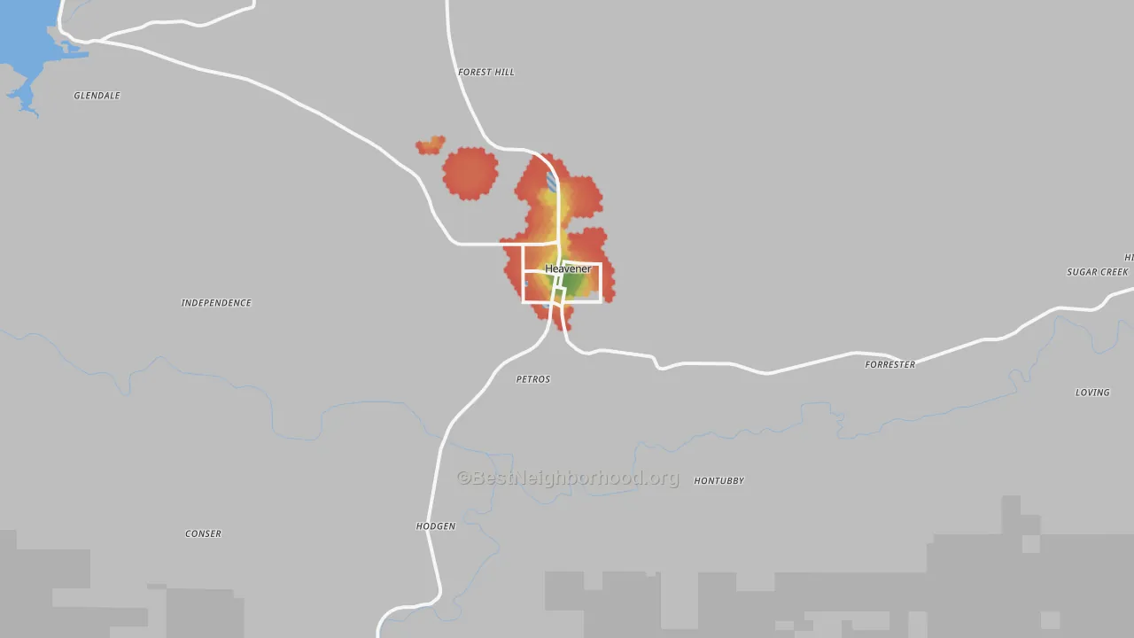 Walk Grade map of Heavener, OK, walkable areas in green and car-dependent areas in red