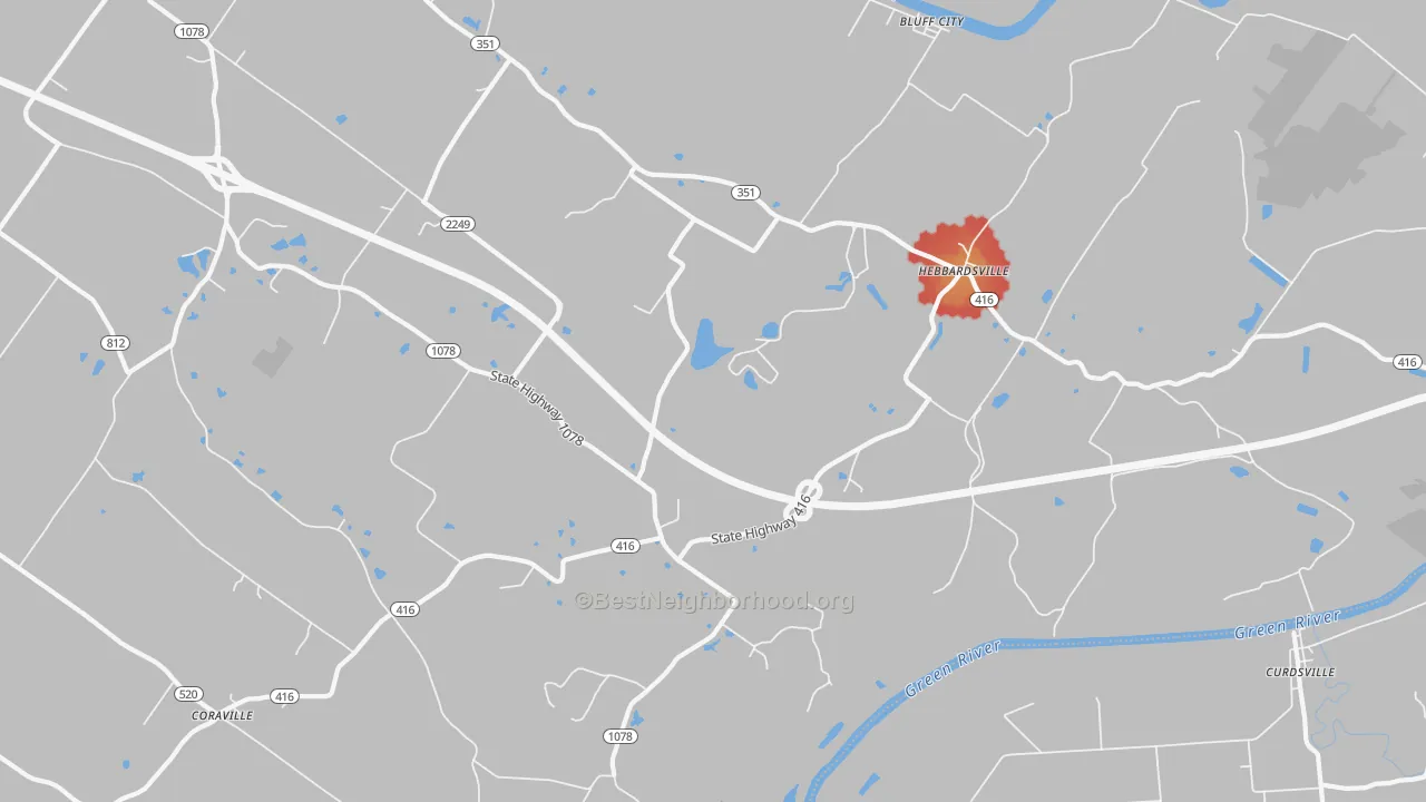 Walk Grade map of Hebbardsville, KY, walkable areas in green and car-dependent areas in red