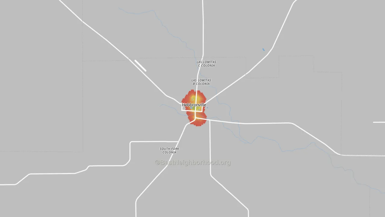 Walk Grade map of Hebbronville, TX, walkable areas in green and car-dependent areas in red