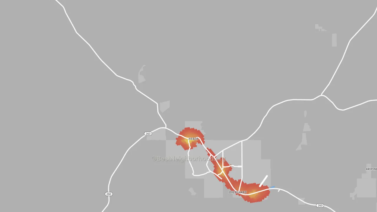 Walk Grade map of Heber, AZ, walkable areas in green and car-dependent areas in red
