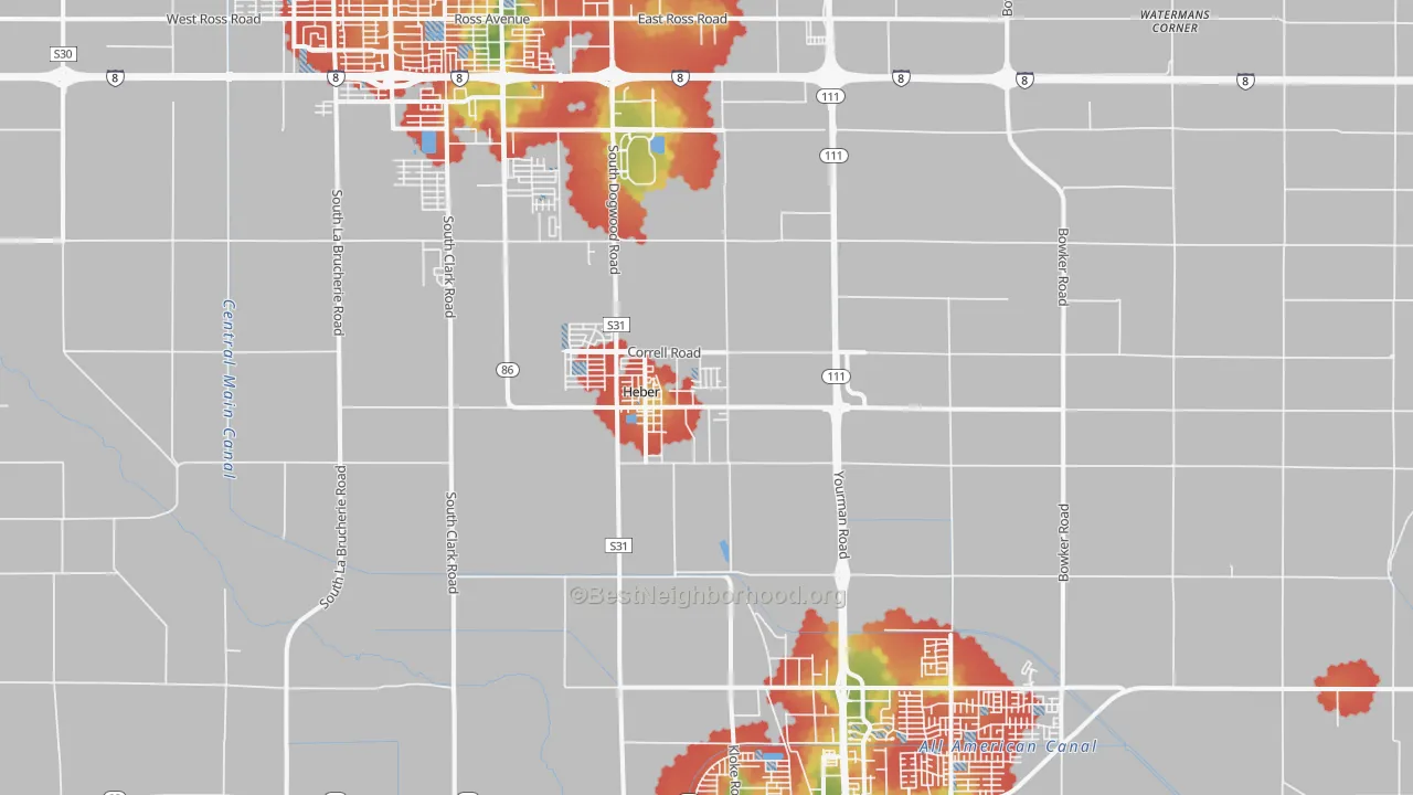 Walk Grade map of Heber, CA, walkable areas in green and car-dependent areas in red