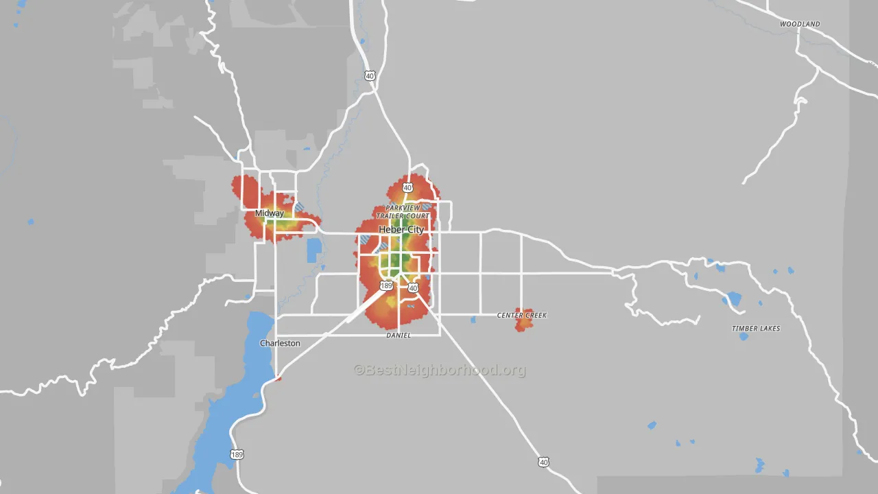Walk Grade map of Heber City, UT, walkable areas in green and car-dependent areas in red