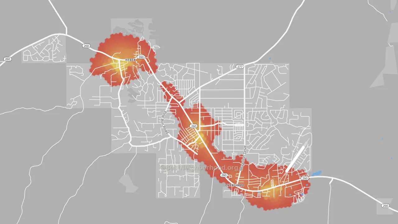 Walk Grade map of Heber-Overgaard, AZ, walkable areas in green and car-dependent areas in red