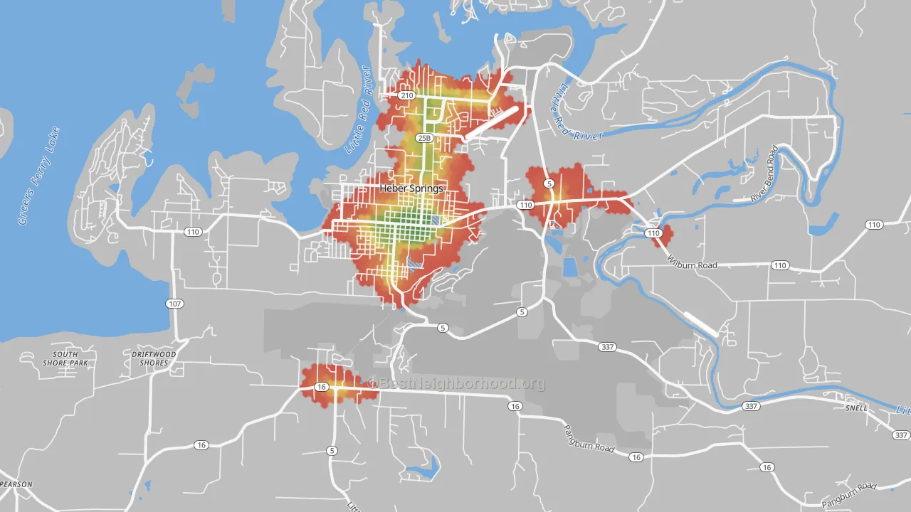 Walk Grade map of Heber Springs, AR, walkable areas in green and car-dependent areas in red