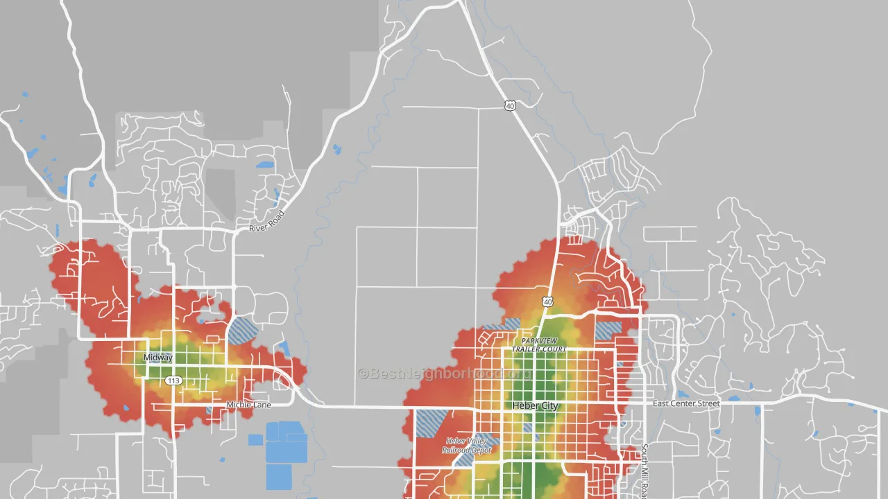 Walk Grade map of Heber, UT, walkable areas in green and car-dependent areas in red