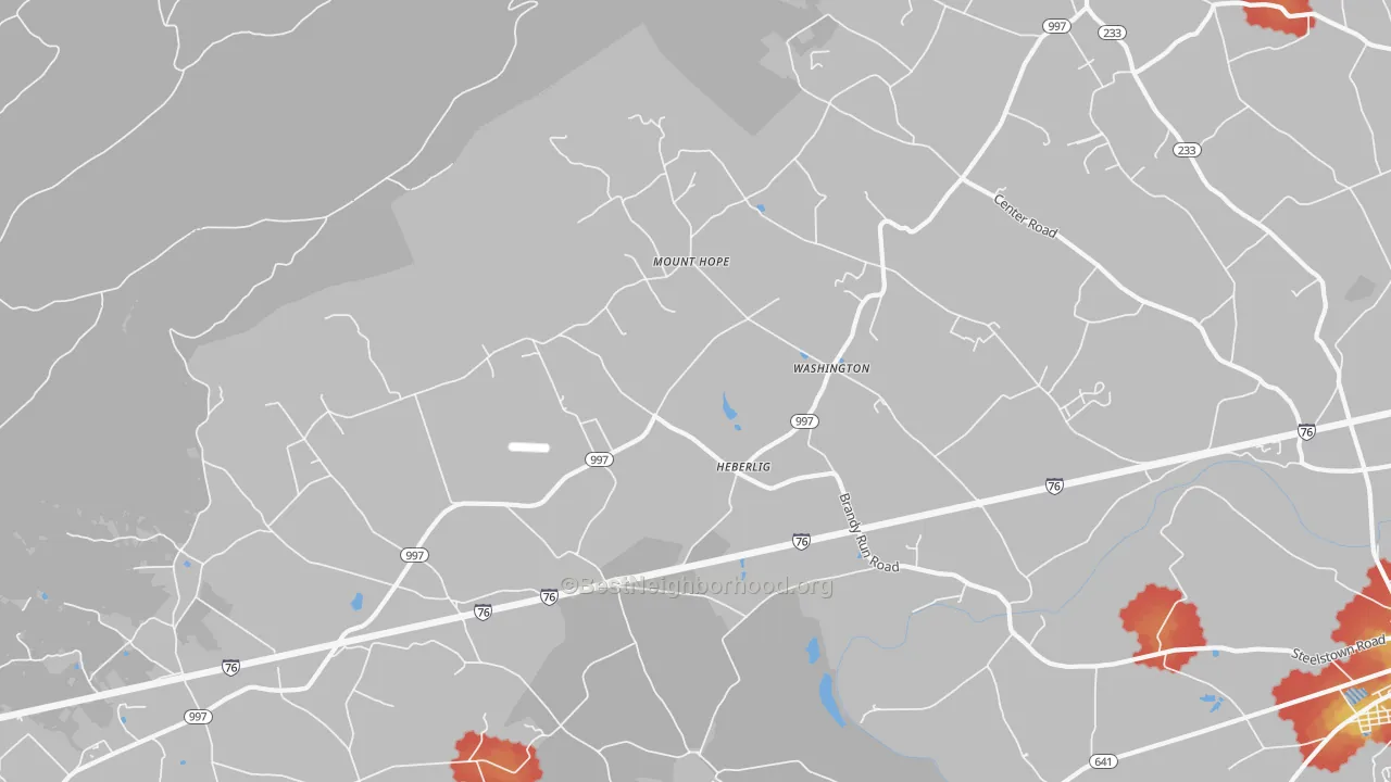 Walk Grade map of Heberlig, PA, walkable areas in green and car-dependent areas in red