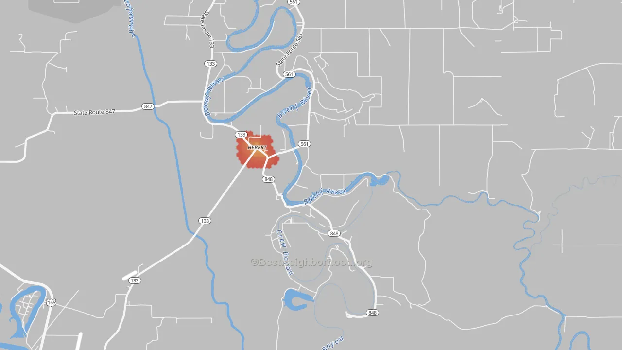 Walk Grade map of Hebert, LA, walkable areas in green and car-dependent areas in red