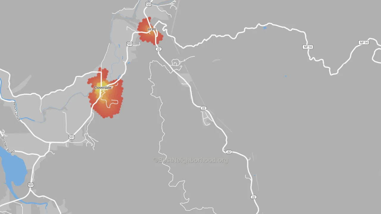 Walk Grade map of Hebo, OR, walkable areas in green and car-dependent areas in red