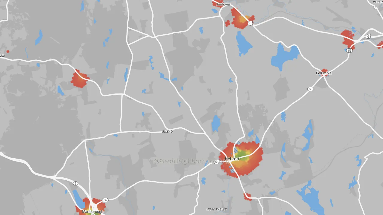 Walk Grade map of Hebron, CT, walkable areas in green and car-dependent areas in red