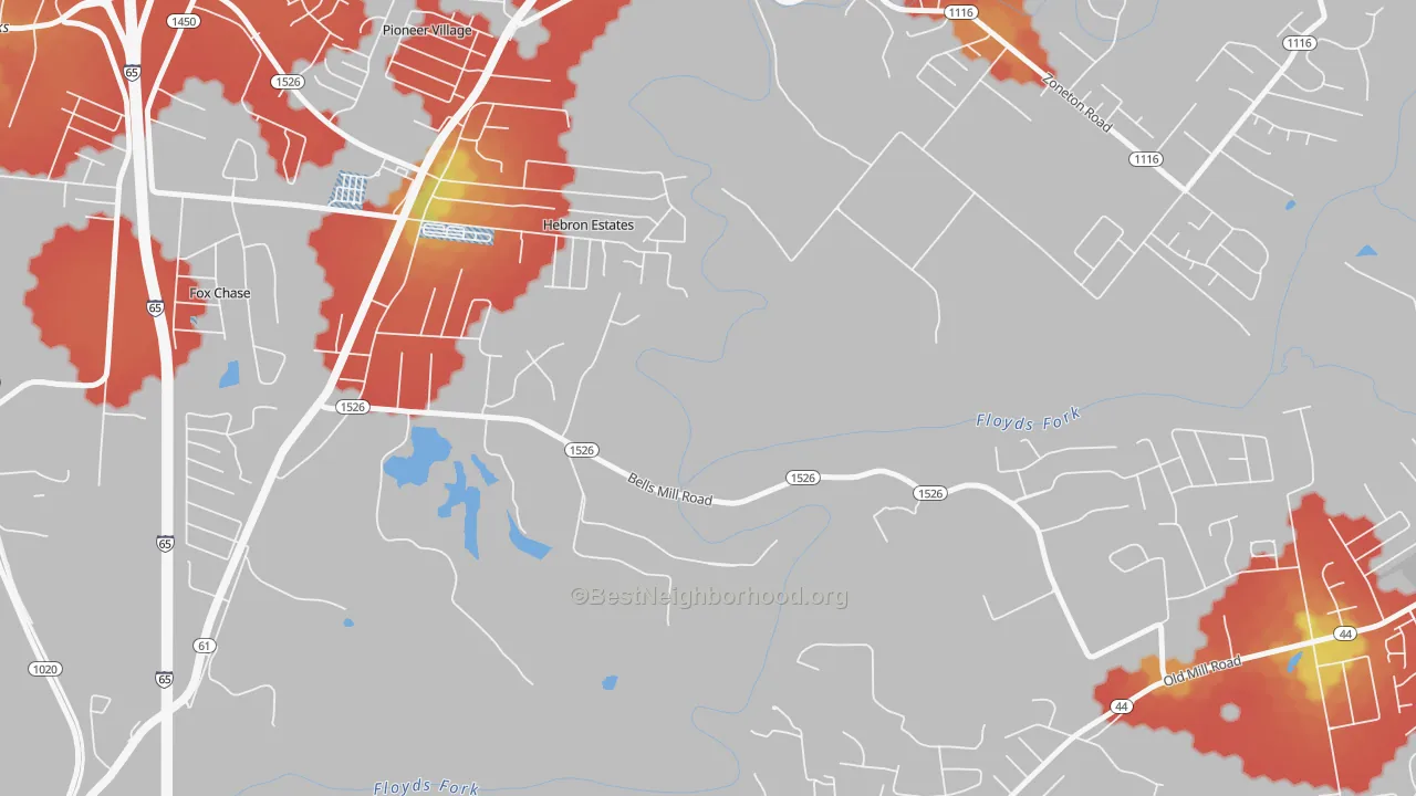 Walk Grade map of Hebron Estates, KY, walkable areas in green and car-dependent areas in red