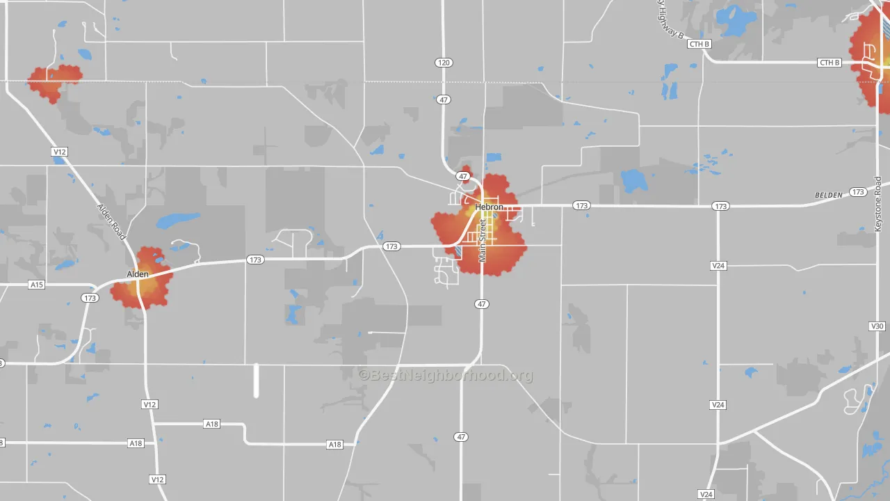 Walk Grade map of Hebron, IL, walkable areas in green and car-dependent areas in red