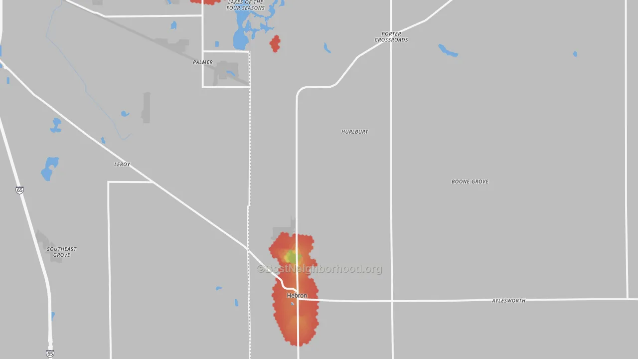 Walk Grade map of Hebron, IN, walkable areas in green and car-dependent areas in red