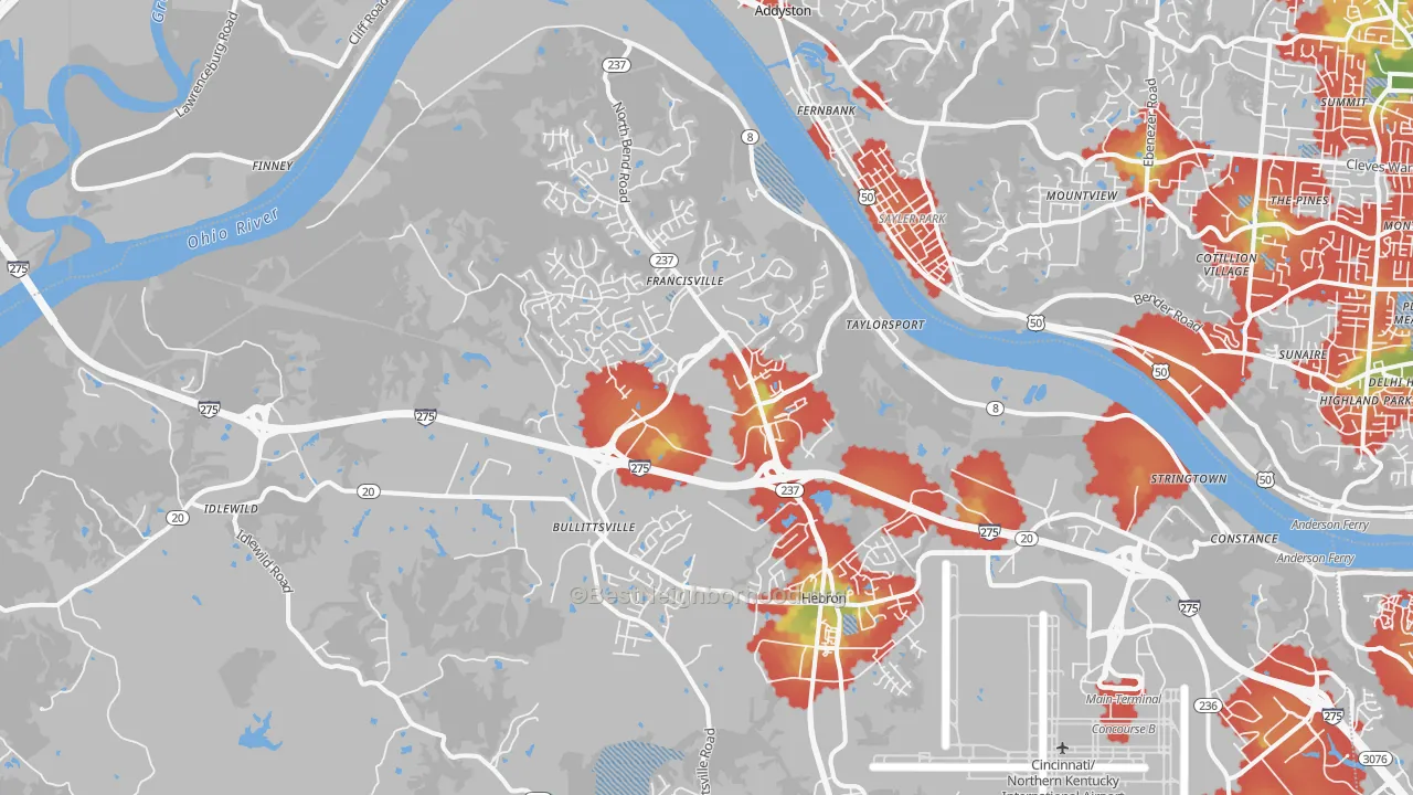 Walk Grade map of Hebron, KY, walkable areas in green and car-dependent areas in red