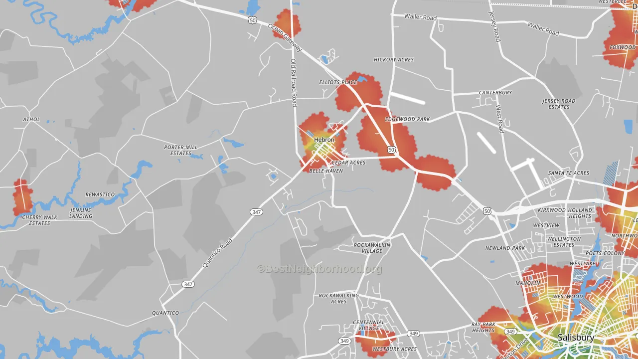 Walk Grade map of Hebron, MD, walkable areas in green and car-dependent areas in red