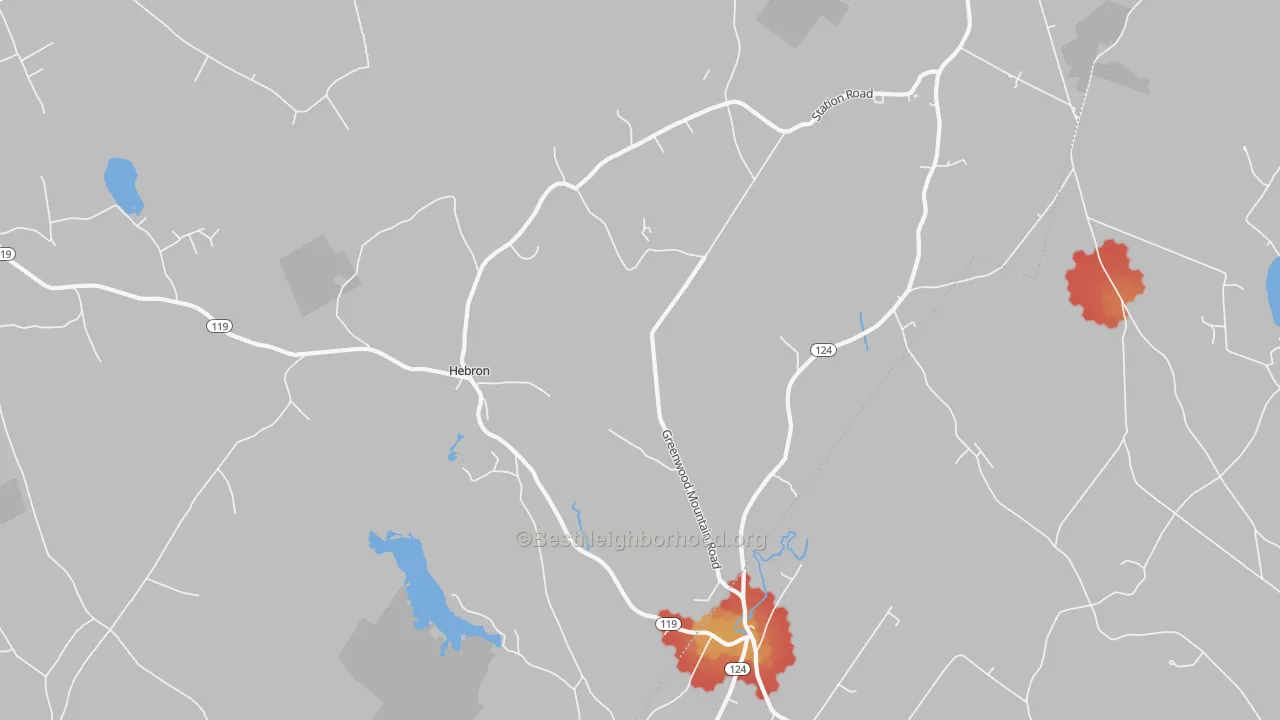 Walk Grade map of Hebron, ME, walkable areas in green and car-dependent areas in red