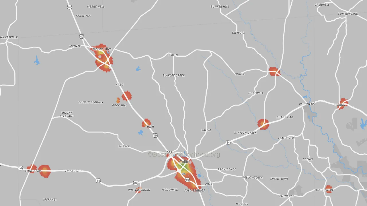 Walk Grade map of Hebron, MS, walkable areas in green and car-dependent areas in red