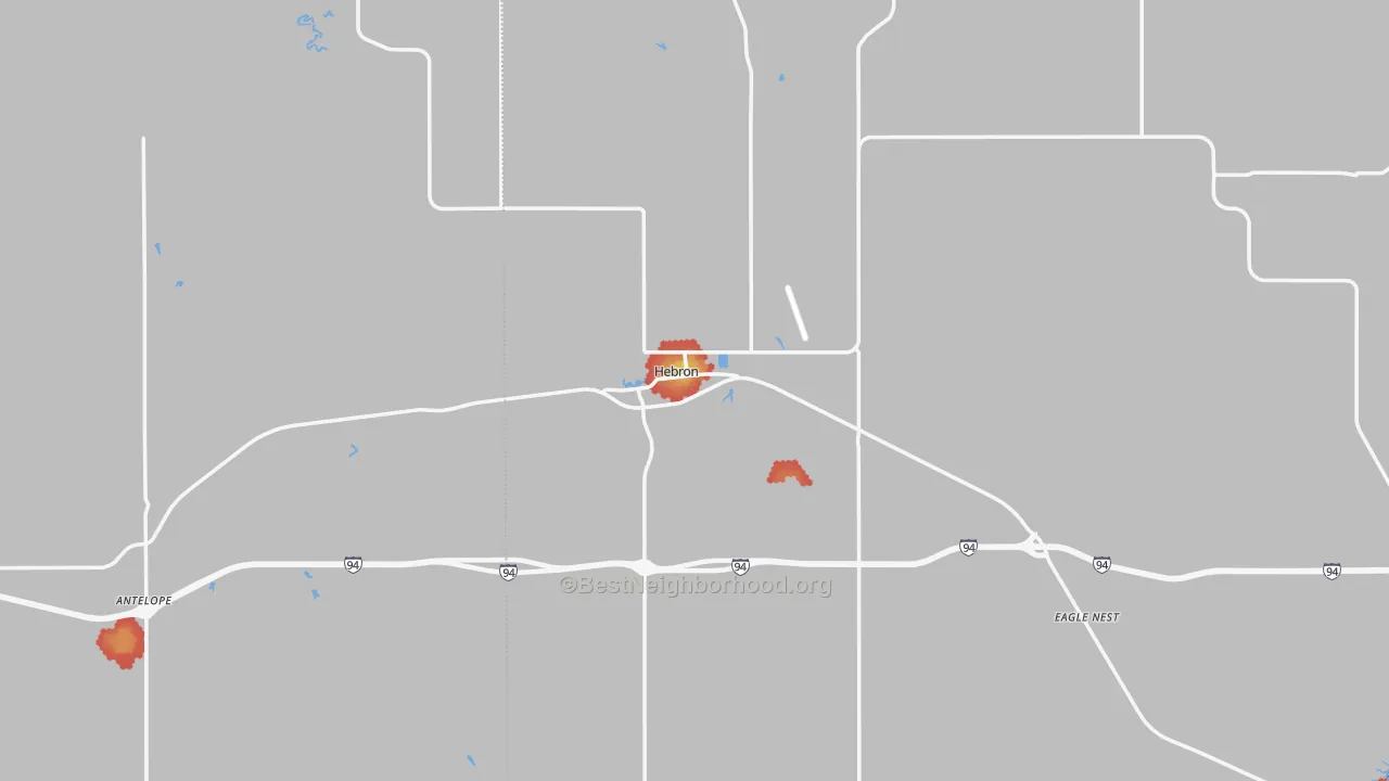 Walk Grade map of Hebron, ND, walkable areas in green and car-dependent areas in red