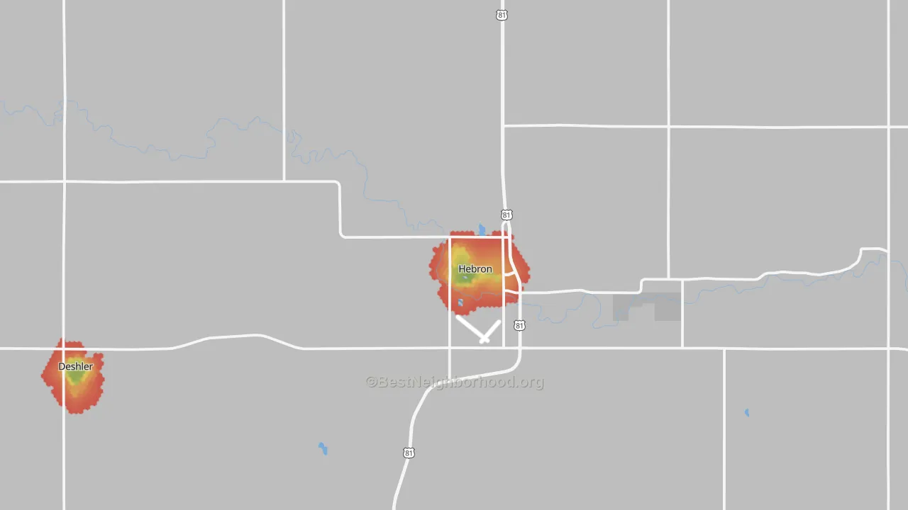 Walk Grade map of Hebron, NE, walkable areas in green and car-dependent areas in red