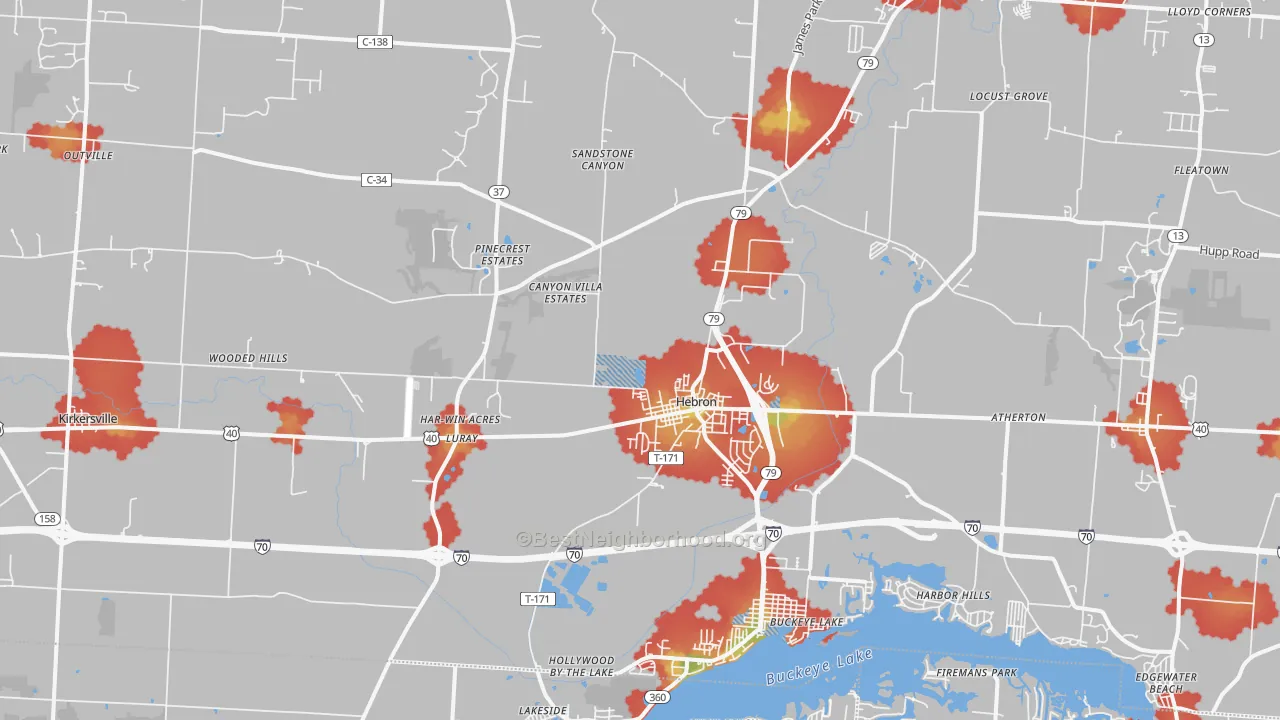 Walk Grade map of Hebron, OH, walkable areas in green and car-dependent areas in red