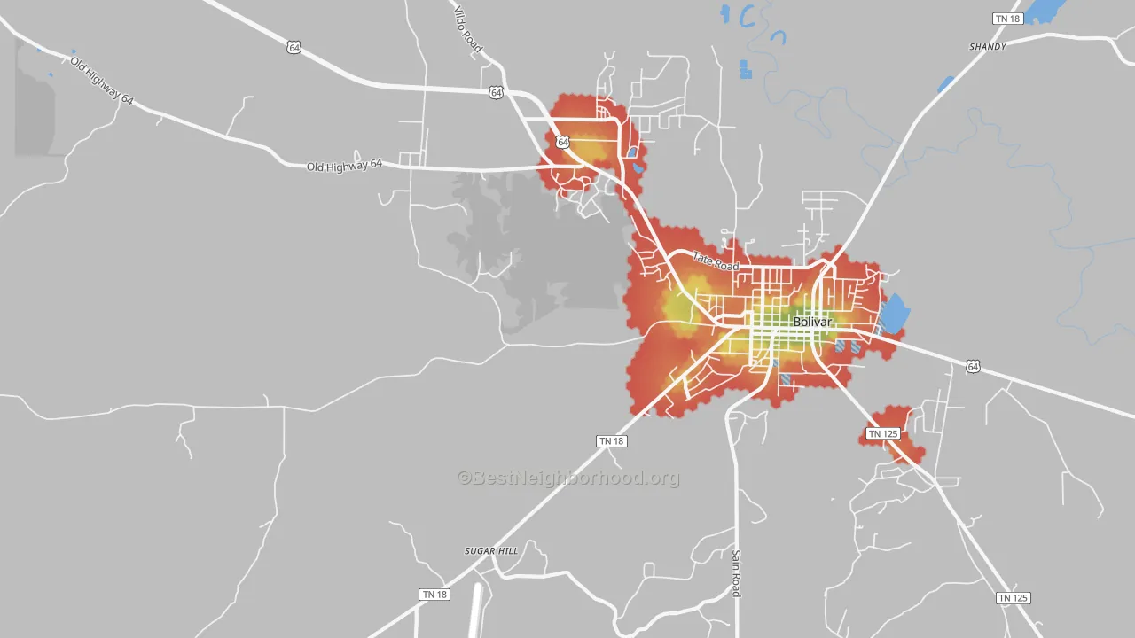 Walk Grade map of Hebron, TN, walkable areas in green and car-dependent areas in red