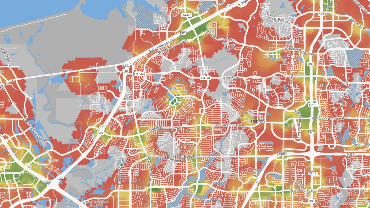 Walk Grade map of Hebron, TX, walkable areas in green and car-dependent areas in red