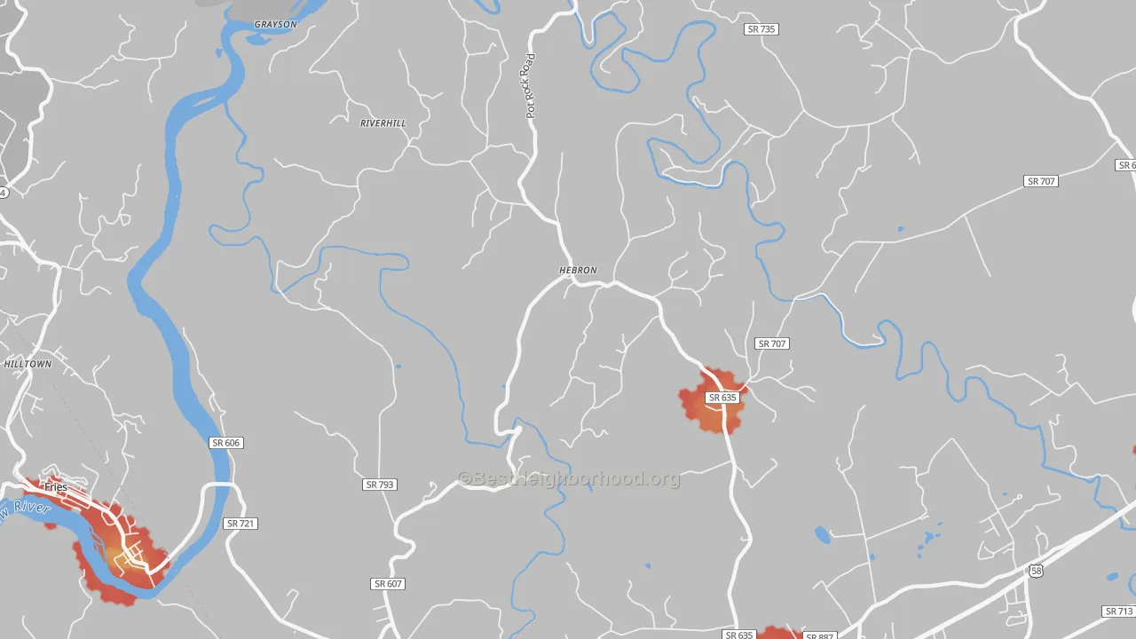 Walk Grade map of Hebron, VA, walkable areas in green and car-dependent areas in red