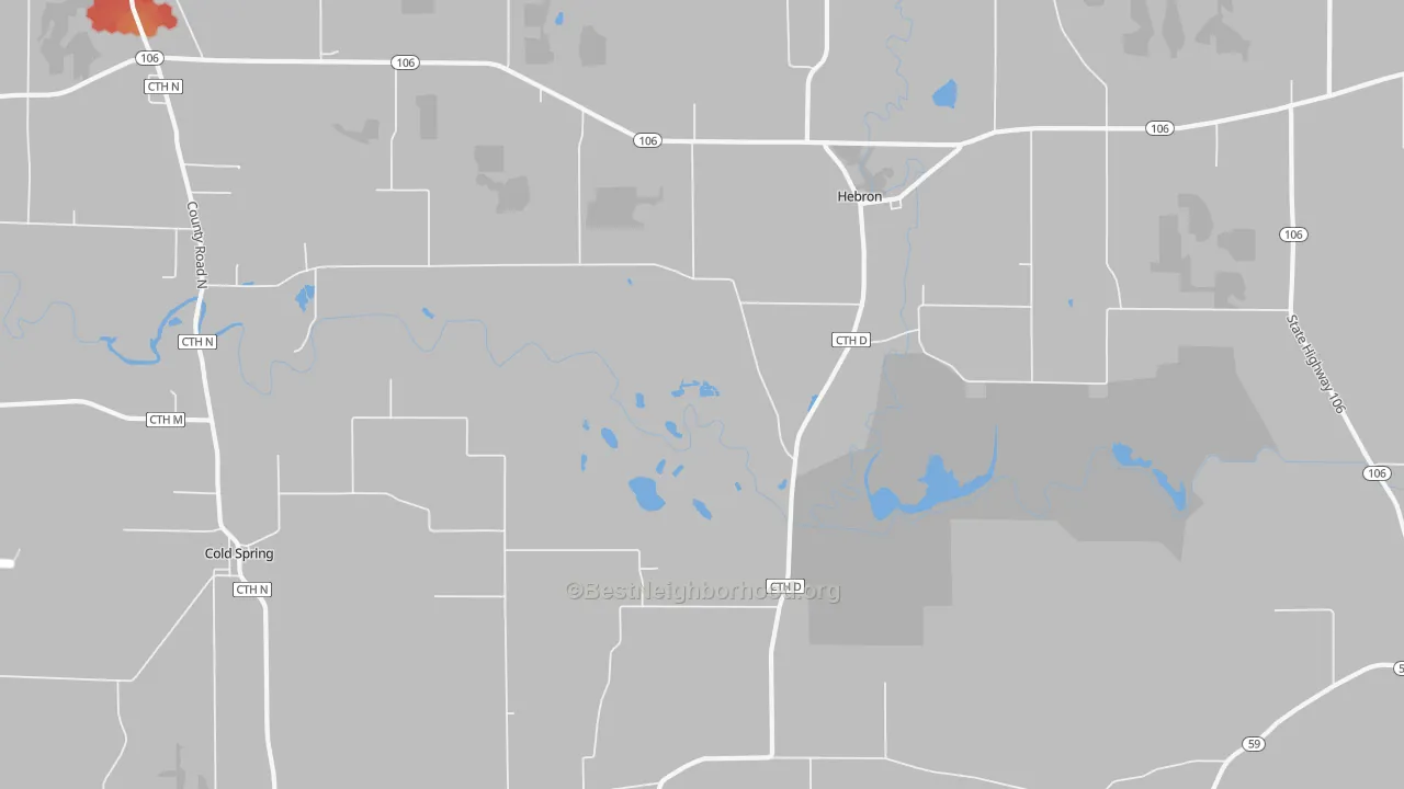 Walk Grade map of Hebron, WI, walkable areas in green and car-dependent areas in red
