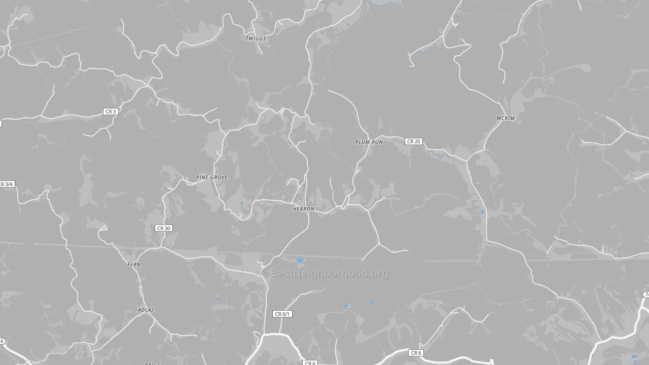 Walk Grade map of Hebron, WV, walkable areas in green and car-dependent areas in red
