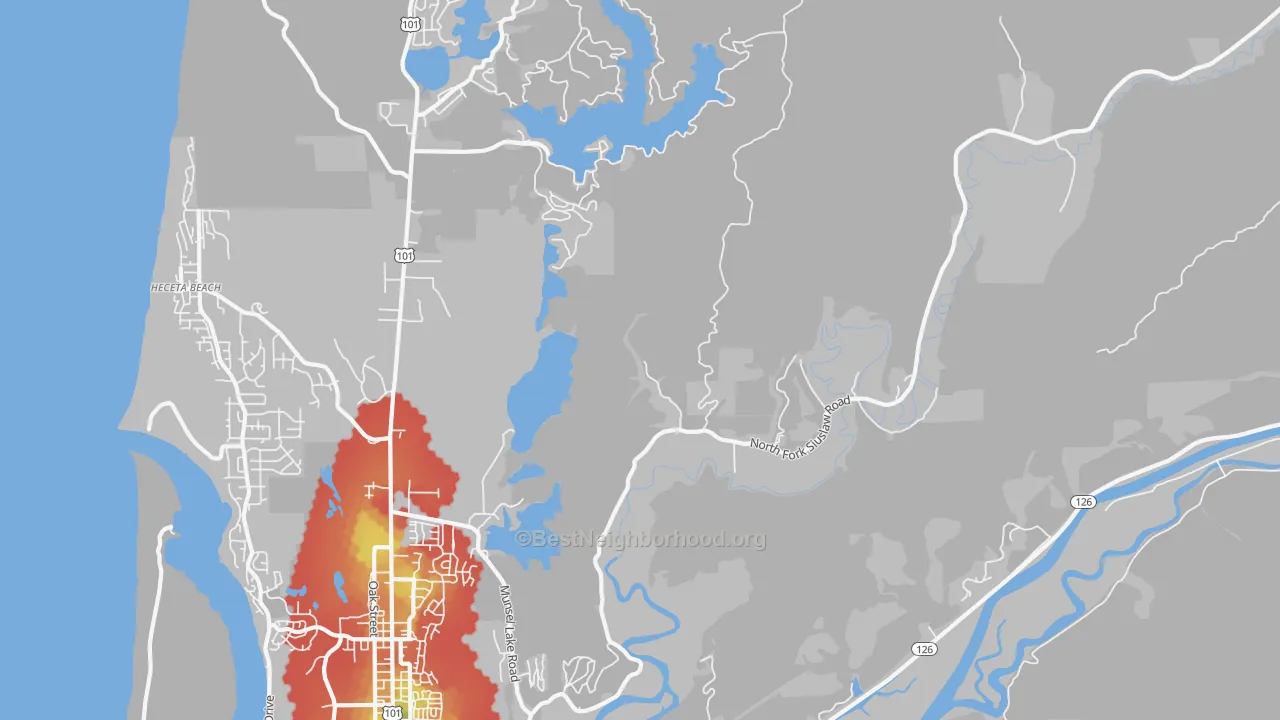 Walk Grade map of Heceta Junction, OR, walkable areas in green and car-dependent areas in red