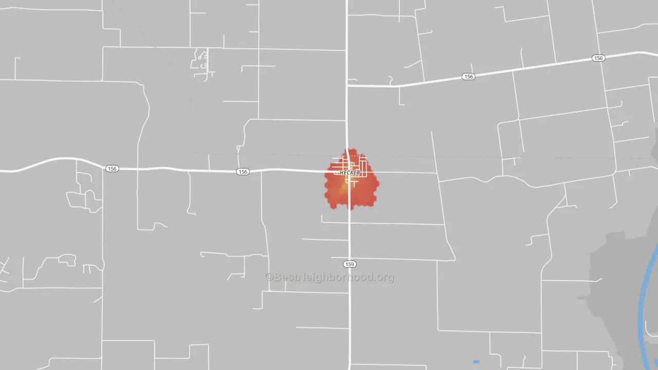 Walk Grade map of Hecker, IL, walkable areas in green and car-dependent areas in red